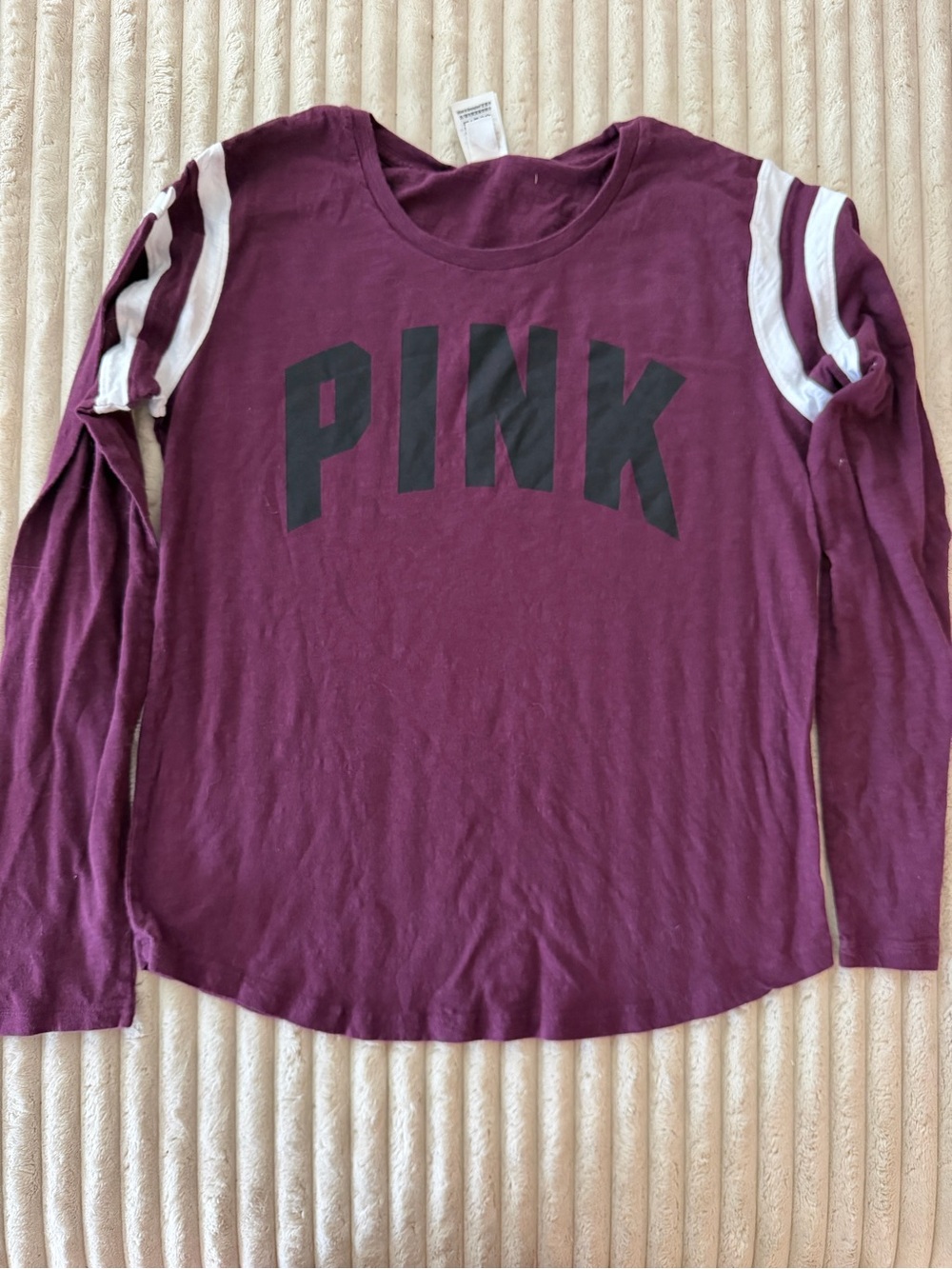 PINK Victoria's Secret Maroon Long Sleeve Tee with White Sleeve Stripes